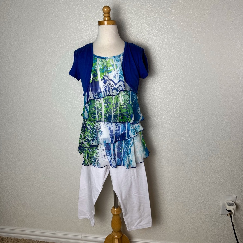 GIRLS Sz 10/12 Large TWO PIECE tunic top & leggings w/ elastic waist faux bolero
